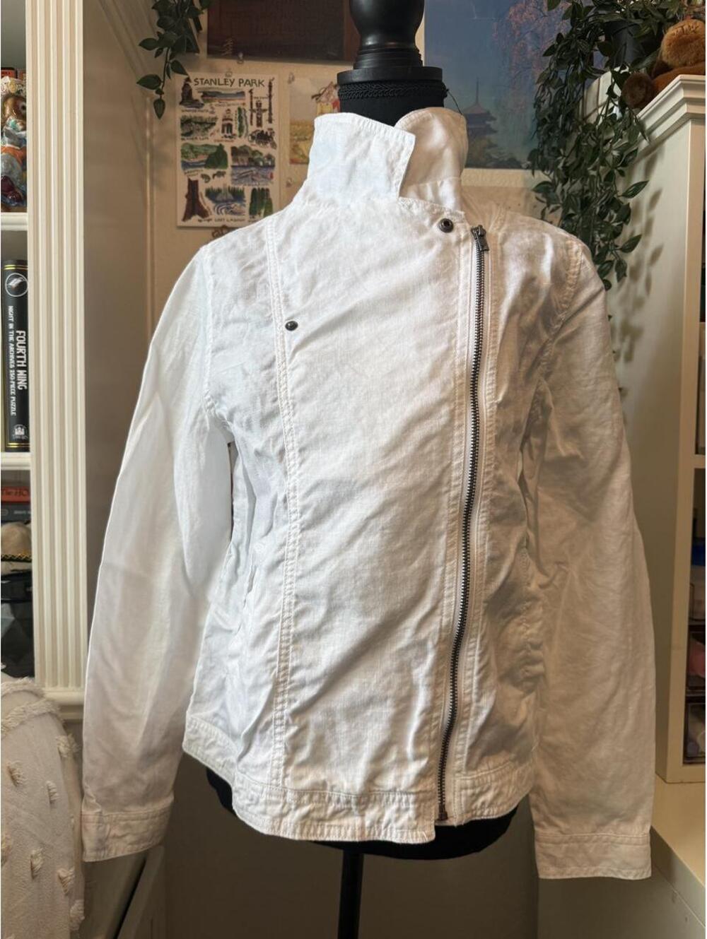 Cynthia Rowley White Linen Asymmetrical Moto Jacket